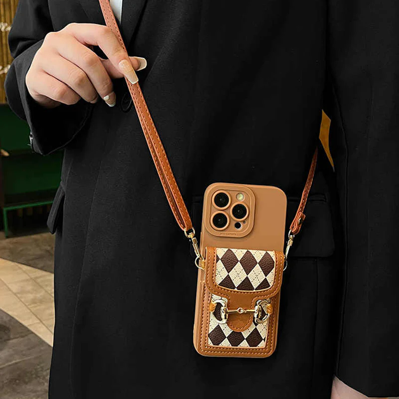 iPhone Lanyard Series | Brown Check Card Holder Phone Case - Image 3