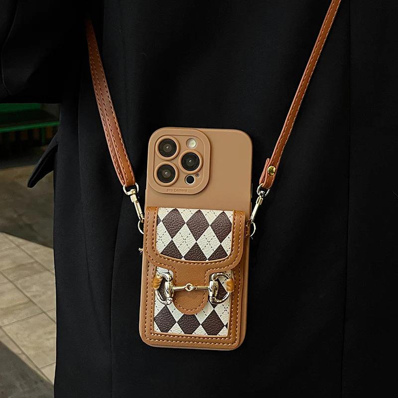 iPhone Lanyard Series | Brown Check Card Holder Phone Case - Image 4